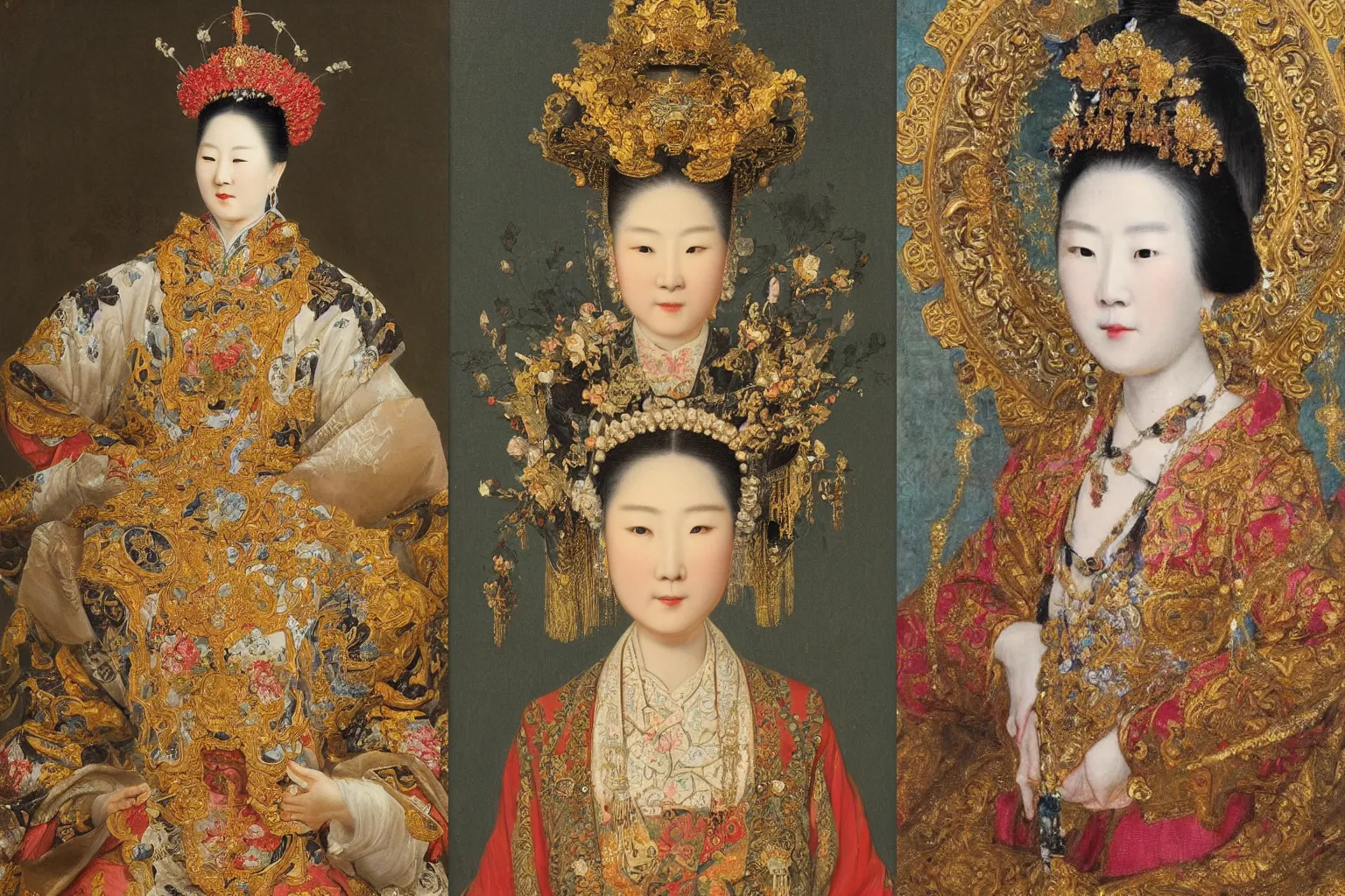 Prompt: a highly detailed and masterpiece romantic period style oil painting of a Chinese empress wearing an ornate golden headdress by Josep Tapiró Baró