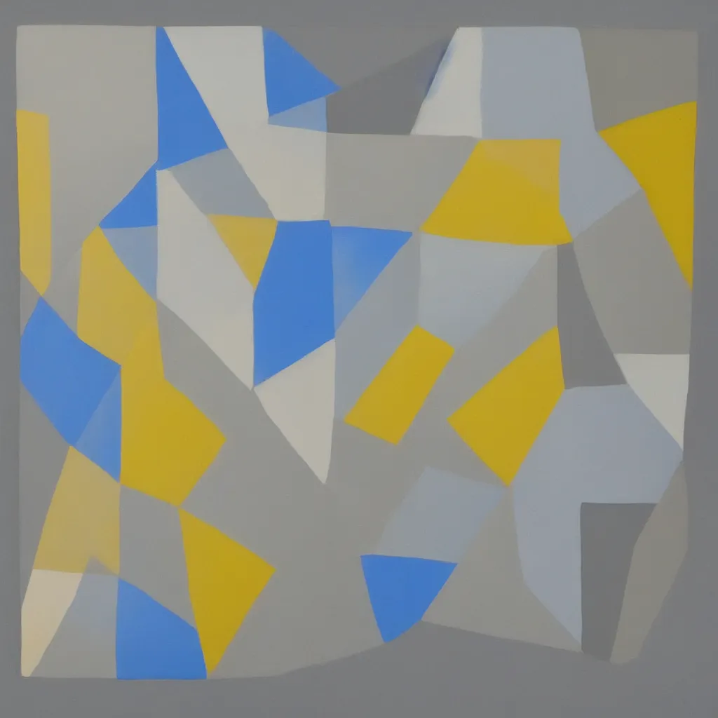 Prompt: 3 dimensional solid large geometric of solid oil paint, with strong top right lighting creating shadows, colours cream naples yellow and blue - grey