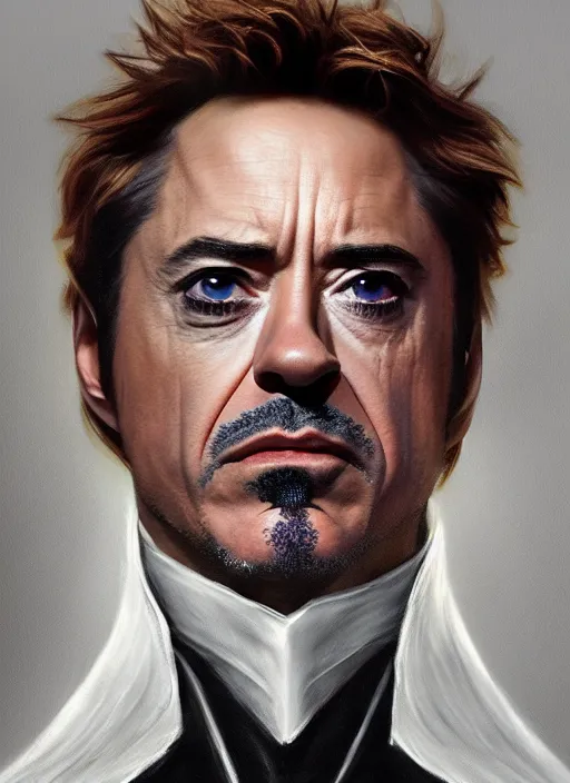 Image similar to robert downey jr. as evil saurman the white, by alan lee, lord of the rings, smooth, oil painting, matte painting, concept art, trending on artstation, promotional artwork, film still, elegant, photorealistic facial features, intricate, detailed face, cinematic lighting