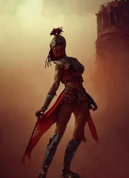 Prompt: hyper realistic photo of gladiator girl, full body, rule of thirds, conceptart, saturated colors, cinematic, greg rutkowski, brom, james gurney, mignola, craig mullins, artstation, cgsociety