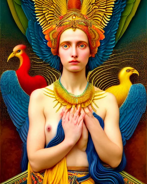 Image similar to portrait of the beautiful young goddess of birds, unusual beauty, etheric, outworldly colours, emotionally evoking symbolic metaphors, head in focus, fantasy, ornamental, intricate, elegant, highly detailed painting style photo, artstation, concept art, painterly, golden ratio, sharp focus, illustration, art by john william godward and leonora carrington,