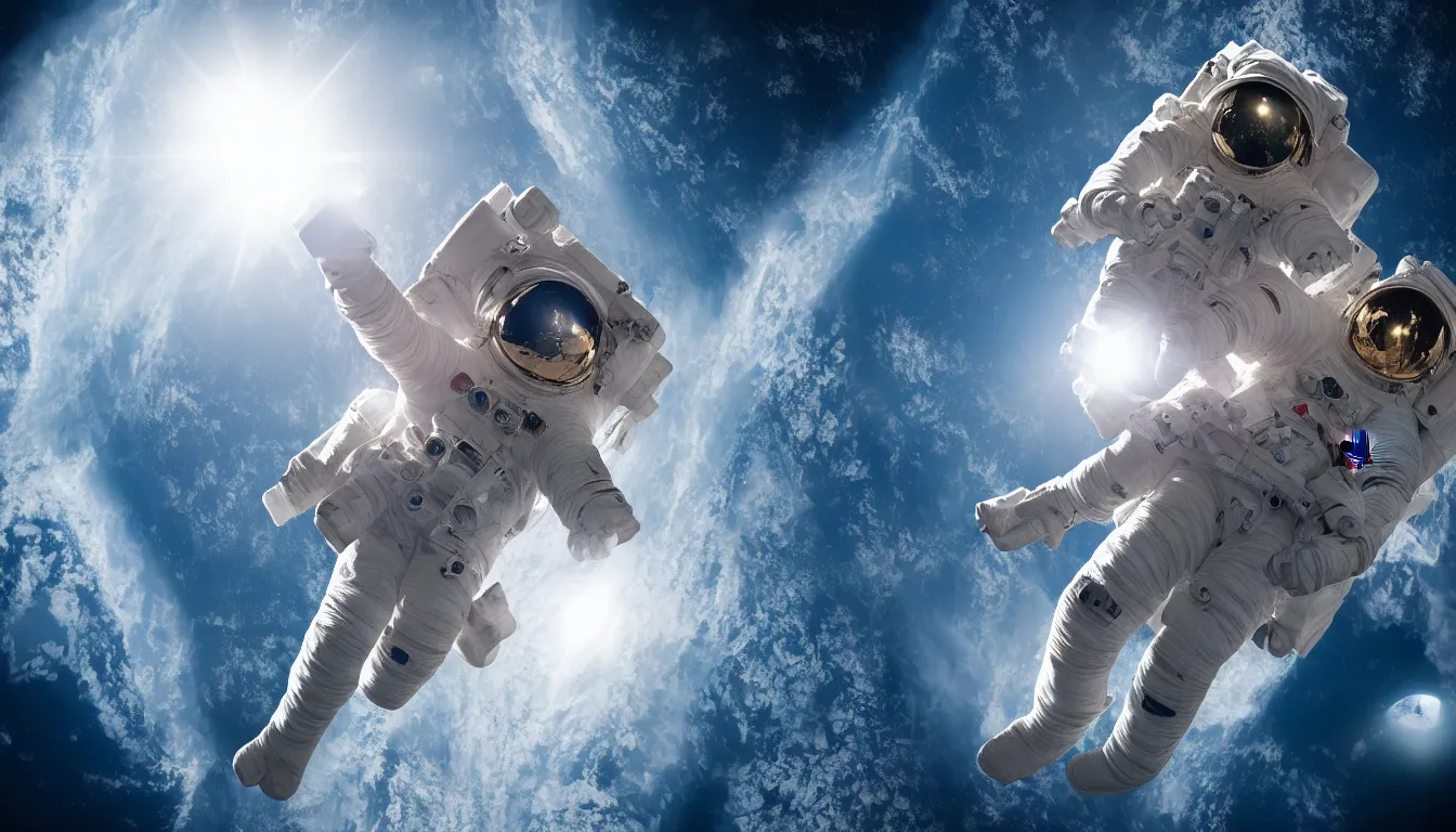 two astronauts floating in space