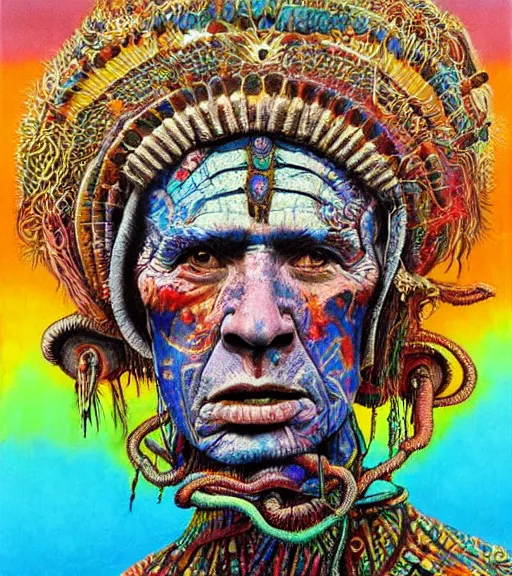 Image similar to Portrait painting in a style of Beksinski mixed with Alex Grey of an old shaman dressed in a colorful traditional clothes. Very psychodelic
