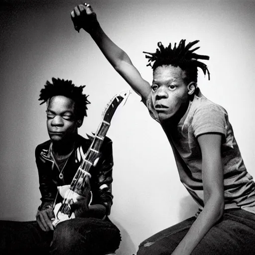 Image similar to medium format photo of jean - michel basquiat and kurt cobain photographed by annie leibovitz in a hi end photo studio, photorealistic, atmospheric,