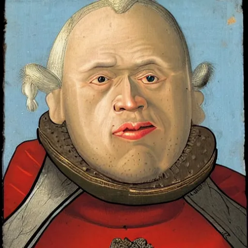 Image similar to a portrait of a very ugly medieval nobleman with white hair, big forhead and mismatched eyes.