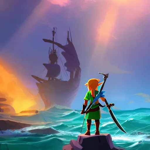Prompt: link standing on an island ready for battle, a large detailed pirate ship is in the water in the distance, dramatic lighting, diffused light, haze, lens flare, detailed wind waker concept art, 8 k, trending on artstation