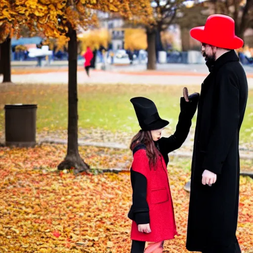 Image similar to A thin man in a black coat and bowler hat talks with small young girl dressed in a red coat and a red hat, park, autumn, Berlin, in style of valentine aerobics, wide angle, high detail, width 768