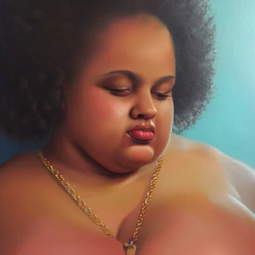 Prompt: beautiful oil painting of a fat mixed woman with an afro, beautiful eyes, artstation, volumetric lights, highly detailed, concept art, sharp focus, beautiful face