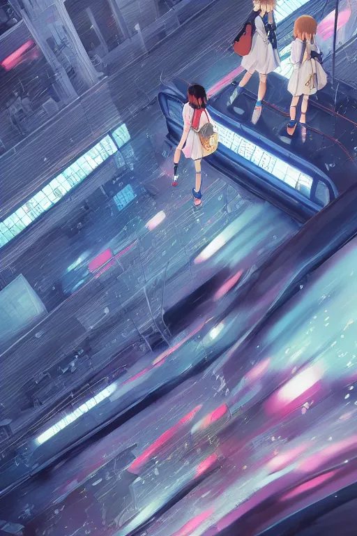 Prompt: 3d ultra realistic anime illustration, two schoolgirls and cat flying on huge japanese elevated subway at rainy night. deep and complex composition. pastel smooth colors. style of Hiro Kiyohara anime. redshift, octane, trending on artstation, cinematic, oil painting