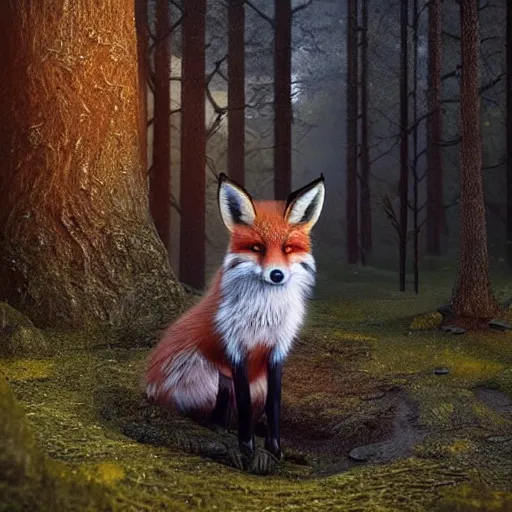 Image similar to a beautiful hyper realistic ultra detailed lifelike matte painting of a fox in front of a candle in a forest, unreal engine, deviantart, flickr, artstation, octane render, textured, colorful, extreme realistic detail, physically based rendering, pbr render, very detailed, volumetric lighting, detailed lighting, octane render, 4 k, cinematic lighting, 8 k resolution