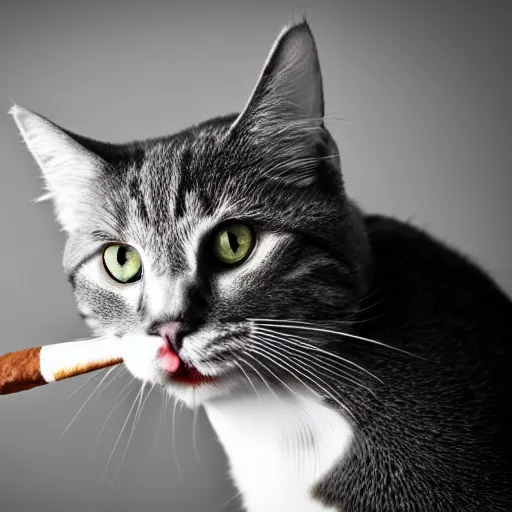 Prompt: cat smoking a cigar, cigar in mouth, whiskers, close up photography, dimly lit