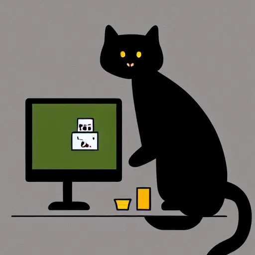 Image similar to a black cat programming in a computer. cartoon. high quality. high fidelity. unsplash. devianart.