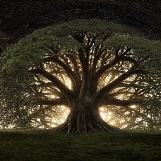 Image similar to full body pose, hyperrealistic photograph of the tree of life, dim volumetric lighting, 8 k, octane beautifully detailed render, extremely hyper detailed, intricate, epic composition, cinematic lighting, masterpiece, trending on artstation, very very detailed, stunning, hdr, smooth, sharp focus, high resolution, award, winning photo, dslr, 5 0 mm