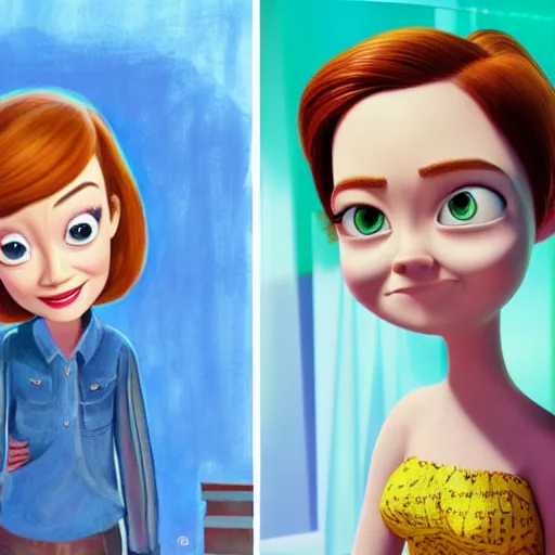 Image similar to detailed artwork, pixar animated, stylistic, emma stone