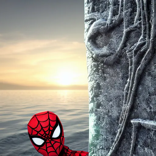 Image similar to spiderman frozen in carbonite, ultra realistic, intricate details, highly detailed, photorealistic, 8 k, vegetation, water, cave