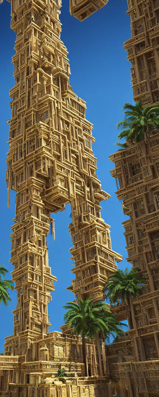 Image similar to photorealistic eye level view of a contemporary babylon tower, golden intricate details, stone facade, sacred ancient architecture, hanging gardens, cascading highrise, arid mountains with lush palm forest, sunlight, post - production, octane, cgi, sfx