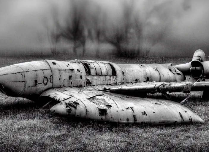 Prompt: black and white photograph of a crashed abandoned military jet in kansas city, rainy and foggy, soft focus