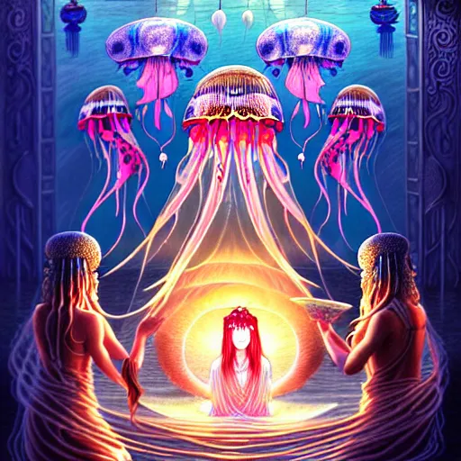 Image similar to A painting of priestesses worshipping at the jellyfish temple, shrouded in mist, jellyfish god, jellyfish priestess, jellyfish shrine maiden 8K, illustration, intricate artwork by Tooth Wu and wlop and Artgerm and dan mumford, smoke, undersea temple with fish, cinematic, insanely detailed and intricate, hypermaximalist, elegant, super detailed, award-winning, vermillion and orange and cyan, mysterious, ancient, ritual, ethereal, trending in cgsociety, artstation HQ, ornate, elite, haunting, matte painting, beautiful detailed, insanely intricate details, artstation trending