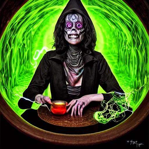 Prompt: a portrait of a scary ugly witch that is brewing a wicked potion in her cauldron that is marked with magical symbol that are glowing, highly detailed, digital photo, hdri, by christopher bretz and john carpenter, vivid colors, high contrast, 8 k resolution, intricate, photorealistic, smooth, psychedelic color scheme, concept art, award winning, cg society contest winner