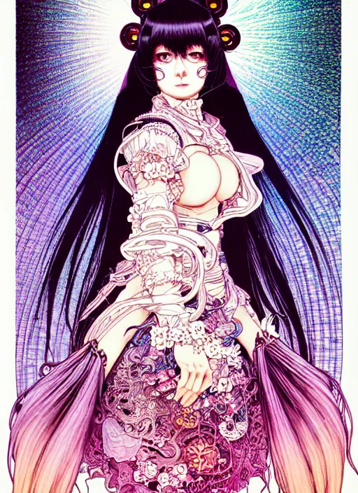 Prompt: highly detailed terada katsuya artstation manga poster of cat girl mechine, rainbow gradient reflection, ayami kojima, long hair, armor, dress, laces, ruffles, 8 k, maximalist, takato yamamoto, alphonse mucha