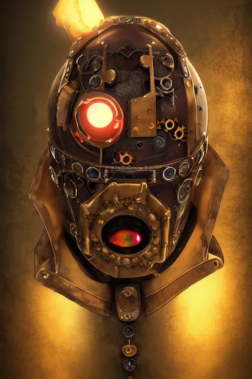 Image similar to steampunk mask minimalist fantasy art robot ninja helmet, global illumination ray tracing hdr fanart arstation by sung choi and eric pfeiffer and gabriel garza and casper konefal chaykin howard and campionpascale and cooke darwyn and davis jack