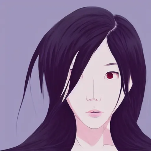 Image similar to portrait of a beautiful korean girl with very long hair and bangs, angular features, angry expression, wearing a black hoodie, in the style of studio trigger, extremely clean lines, anime and manga style, anime concept art