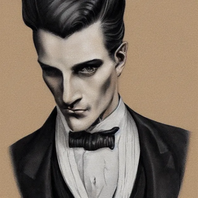 Image similar to photorealistic sepia full - head portrait of a 1 9 2 0 s era smirking male occultist, well dressed, long - tailed tuxedo coat, atmospheric lighting, dark, brooding, painted, intricate by thierry doizon, ultra detailed, well composed, best on artstation, cgsociety, epic, stunning, gorgeous, intricate detail, much wow, masterpiece