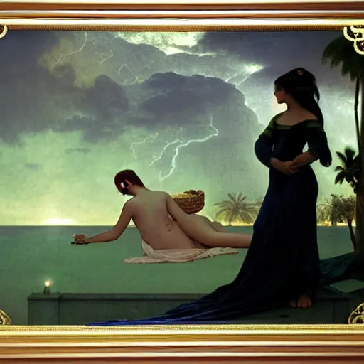Image similar to Silhouette of two girl at the palace, thunderstorm, greek pool, beach and palm trees on the background major arcana sky, by paul delaroche, alphonse mucha and arnold böcklin arnold böcklin hyperrealistic 8k, very detailed