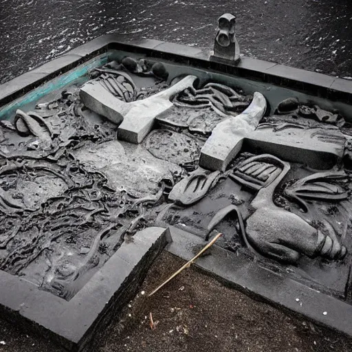 Image similar to The kinetic sculpture shows a grave that has been flooded with water. The grave is located in a cemetery in Italy. The water in the grave is dirty and there is trash floating in it. The grave is surrounded by a fence. cyberpunk by Zaha Hadid, by Tibor Nagy balmy