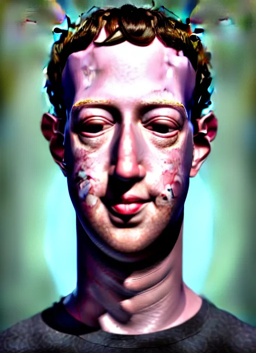 Image similar to hyper detailed 3d render like an Oil painting - Portrait of Mark Zuckerberg hooked up to a mainframe by Jacek Yerka, Mariusz Lewandowski, Houdini algorithmic generative render, Abstract brush strokes, Masterpiece, Edward Hopper and James Gilleard, Zdzislaw Beksinski, Mark Ryden, Wolfgang Lettl, hints of Yayoi Kasuma, octane render, 8k