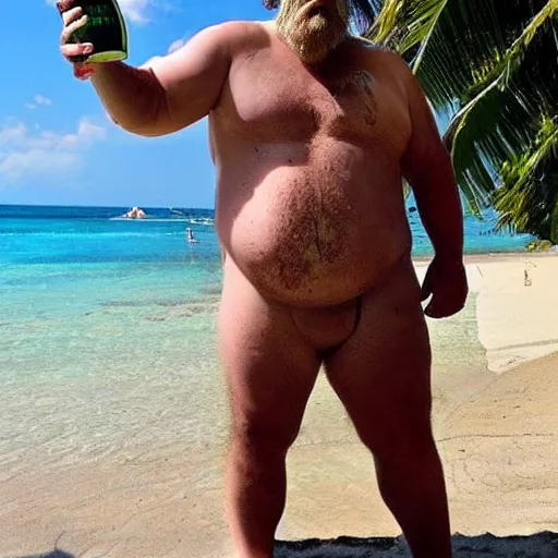 Prompt: Great Old One Cthulhu with a dad bod wearing shorts and sandals and drinking pina colada from a coconut at a sunny beach,