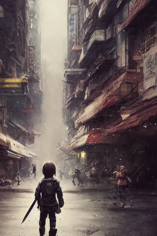 Image similar to a portrait of a small person wearing a katana in the middle foreground walking in the street of a sci-fi city by Greg Rutkowski, Sung Choi, Mitchell Mohrhauser, Maciej Kuciara, Johnson Ting, Maxim Verehin, Peter Konig, final fantasy , mythical, 8k photorealistic, cinematic lighting, HD, high details, atmospheric,