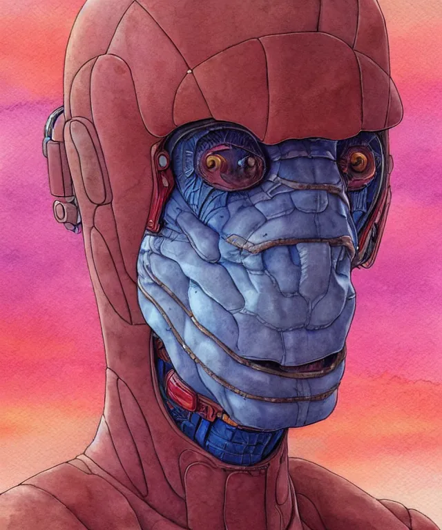 Prompt: a watercolor painting character portrait of a machine mutant in the style of jean giraud in the style of moebius trending on artstation deviantart pinterest detailed realistic hd 8 k high resolution