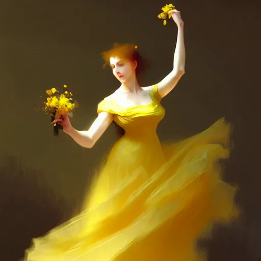 Image similar to a voluminous woman in a yellow organza dress dancing, intricate, elegant, digital painting, concept art, smooth, sharp focus, illustration, from metal gear, by ruan jia and mandy jurgens and william - adolphe bouguereau, artgerm