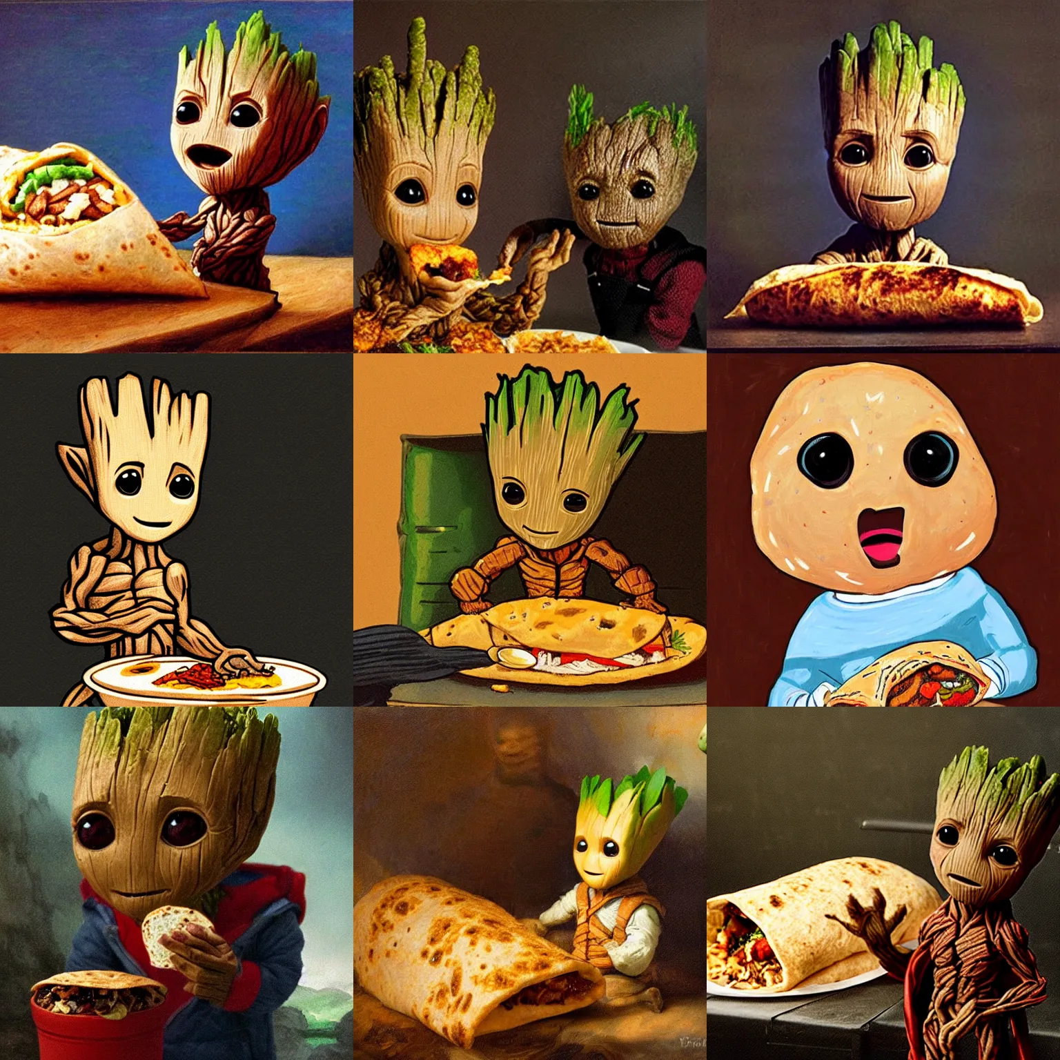 Prompt: baby groot eating a giant burrito by rembrandt