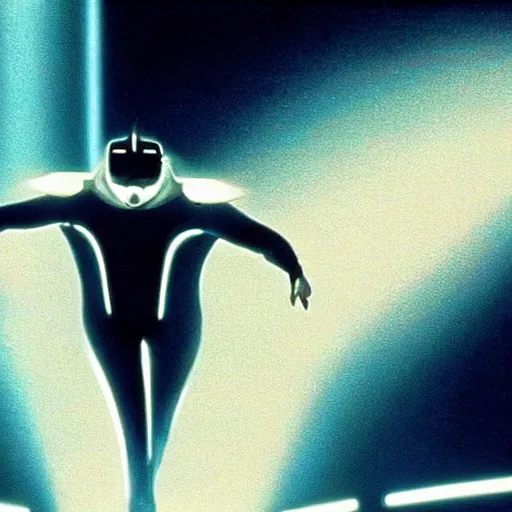 Image similar to a movie still from tron with the balrog from lord of the ring