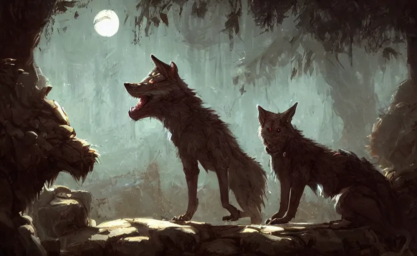 Prompt: A painting of a cabbit finds himself surrounded by a clan of tribal werewolves trending on artstation in the style of Greg Rutkowski