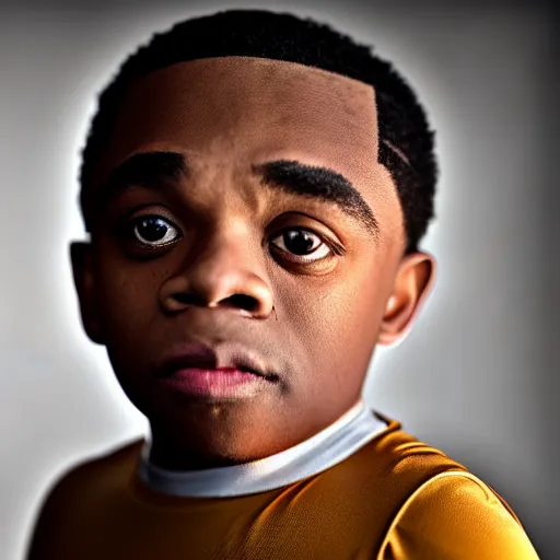 Prompt: 4 k editorial photograph of down syndrome midget kevin gates, sharp focus, soft lighting, edge lighting, studio portrait, 1 3 mm film color grading