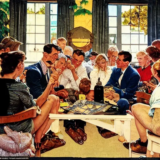 Prompt: an iconic beautiful illustration by norman rockwell of a group of friends gathering around to watch a slideshow from a recent trip