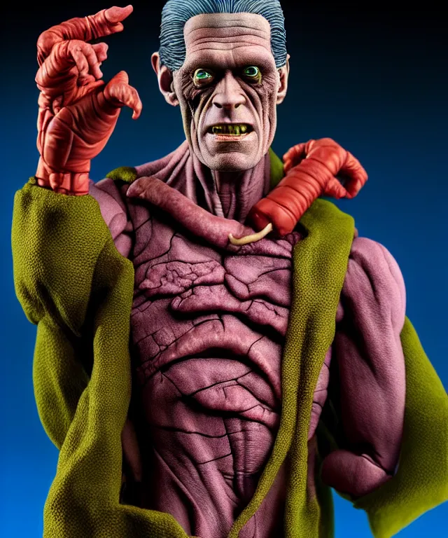 Prompt: hyperrealistic rendering, frankenstein, by art of skinner and richard corben and jeff easley, product photography, action figure, sofubi, studio lighting, colored gels