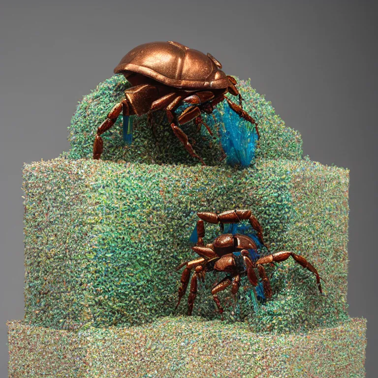 Prompt: hyperrealistic sculpture of a bronze fossilized ancient beetle hermit crab dusted with saffron and deep blue and grass green spraypaint in a grid cage on a pedestal by ron mueck and duane hanson and lee bontecou, hyperrealistic dramatic colored lighting trending on artstation 8 k