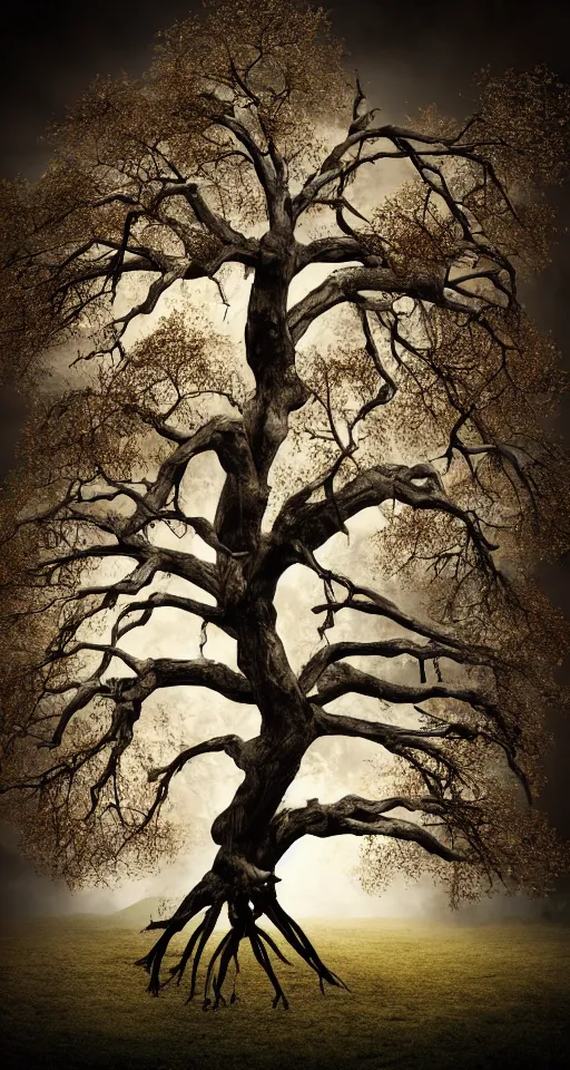 Image similar to beautiful ancient tree made of bone, melancholy autumn light, white bone tree, skeletal, bones, sinister, atmospheric HD photograph, depth of field