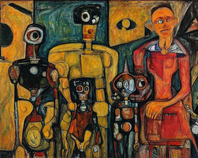 Image similar to a painting of a robot family portrait by graham sutherland, egon schiele, expressionism