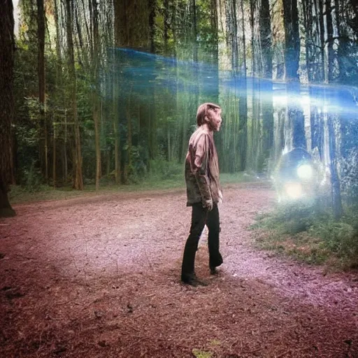 Image similar to thom yorke singer songwriter walking in a forest in a spacesuit, filling up with water, waterline refractions, anamorphic lens flare, beautiful blueish eyes, eyes reflecting into eyes reflecting into infinity, spherical tiny round eye pupils, eyes reflecting into eyes reflecting into infinity, dramatic lighting