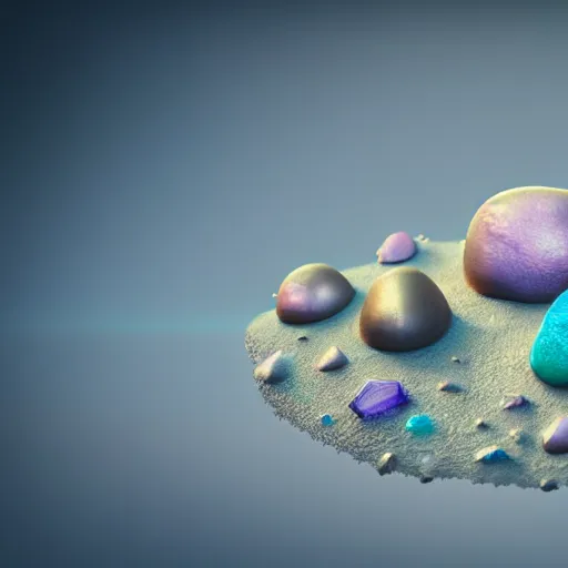 Image similar to studio photo of precious stones with fungal cultures and mold with little pastel coloured filaments in microscope, octane render, tilt shift, polarized light, ultrasharp focus, unreal engine 5, bokeh background, hyperrealism, vray