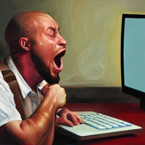 Image similar to an angry man yells at his computer monitor, oil on canvas, highly detailed, high resolution