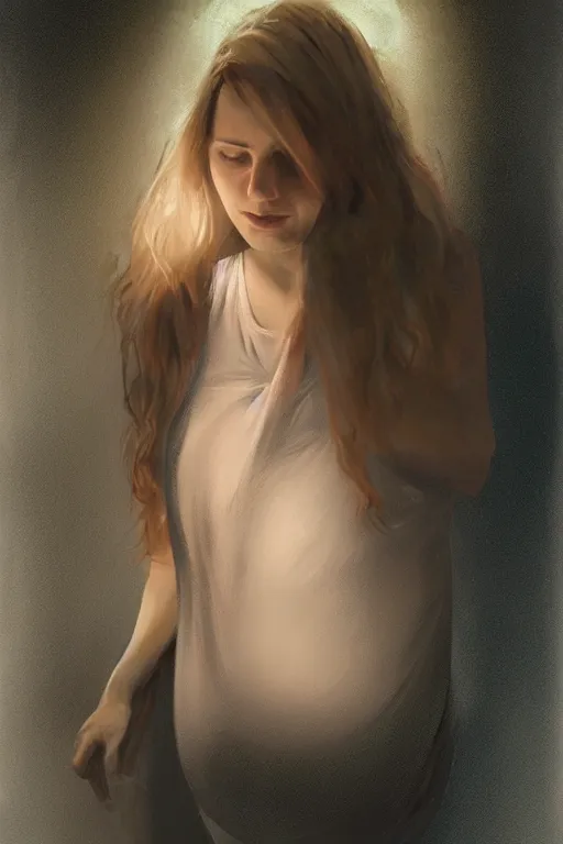 Image similar to full-length portrait of pregnant woman under street light, highly detailed, sharp focused, ultra realistic digital concept art by Alyssa Monks, Charlie Bowater