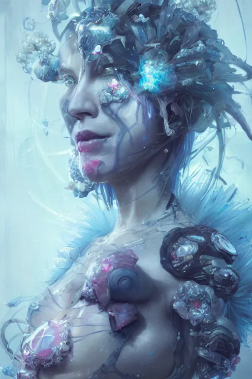 Image similar to ghost in the shell face closeup of beautiful girl necromancer, witch - doctor covered with crystals exploding into ice, 3 d render, hyper realistic detailed portrait, holding magic flowers, ruan jia, wlop. scifi, fantasy, hyper detailed, octane render, concept art, peter mohrbacher