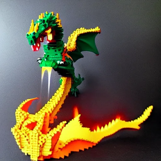 Image similar to “fire breathing dragon made from Lego”