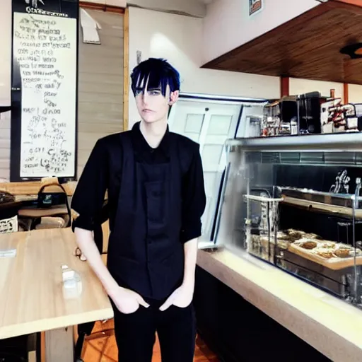 Prompt: a tall anime boy with black hair, blue eyes and piercings working at a café, detailed